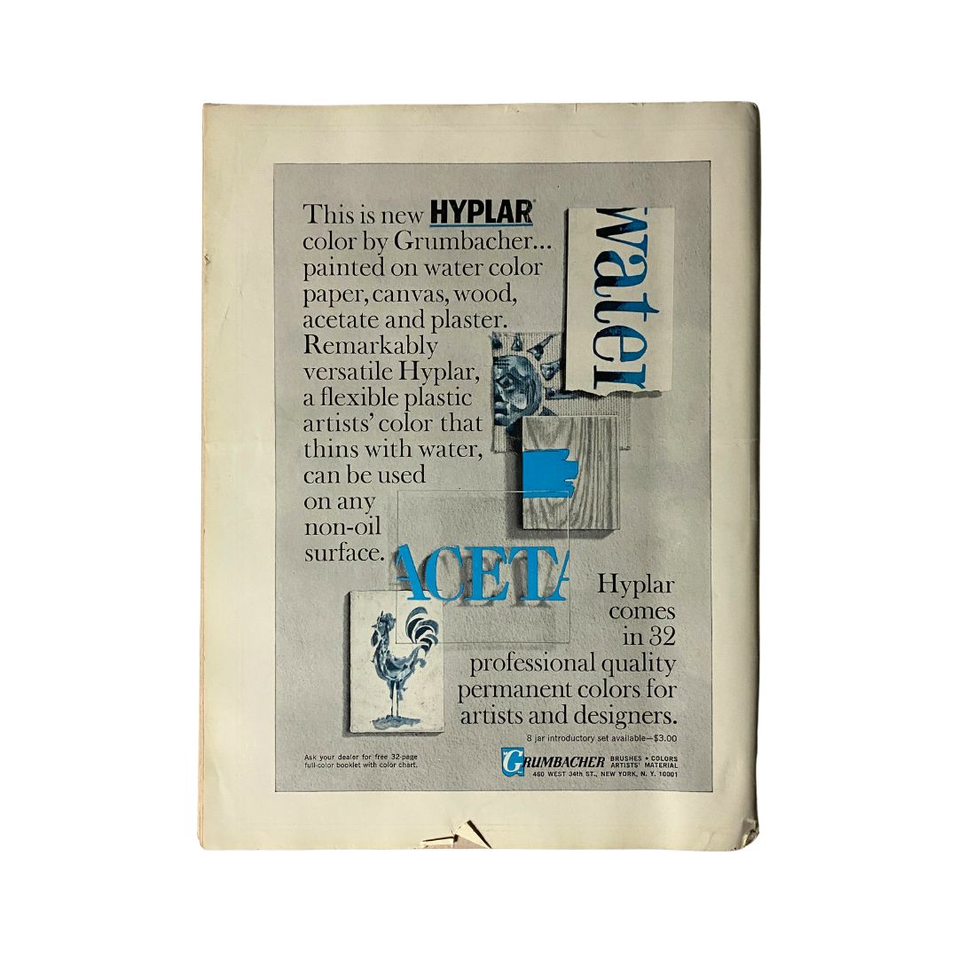 Vintage advertisement for Grumbacher Hyplar watercolor color from the December 1965 issue of Art News Magazine. This ad showcases the versatility of Hyplar for artists, featuring illustrations and bold typography highlighting its use on various surfaces. A part of the collectible issue titled 'VTG Art News Magazine December 1965 A Lady-in-waiting to the Queen No Label'.