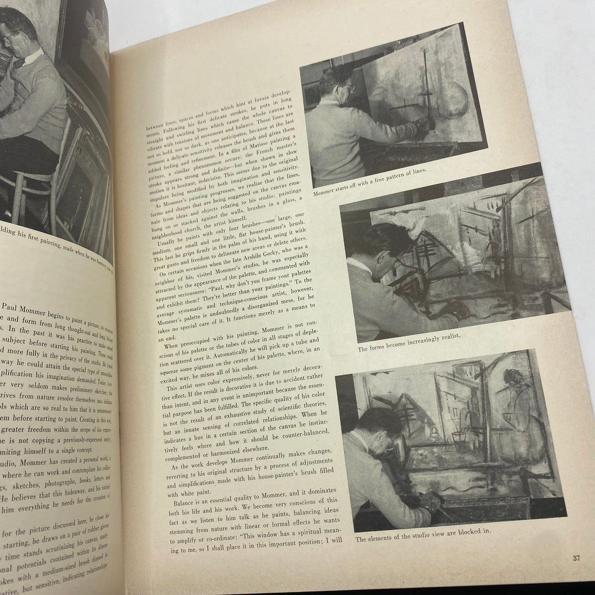 Page from the VTG Art News Magazine March 1951 discussing artist Paul Mommer and his painting techniques with accompanying images, highlighting mid-20th century artistic practice.