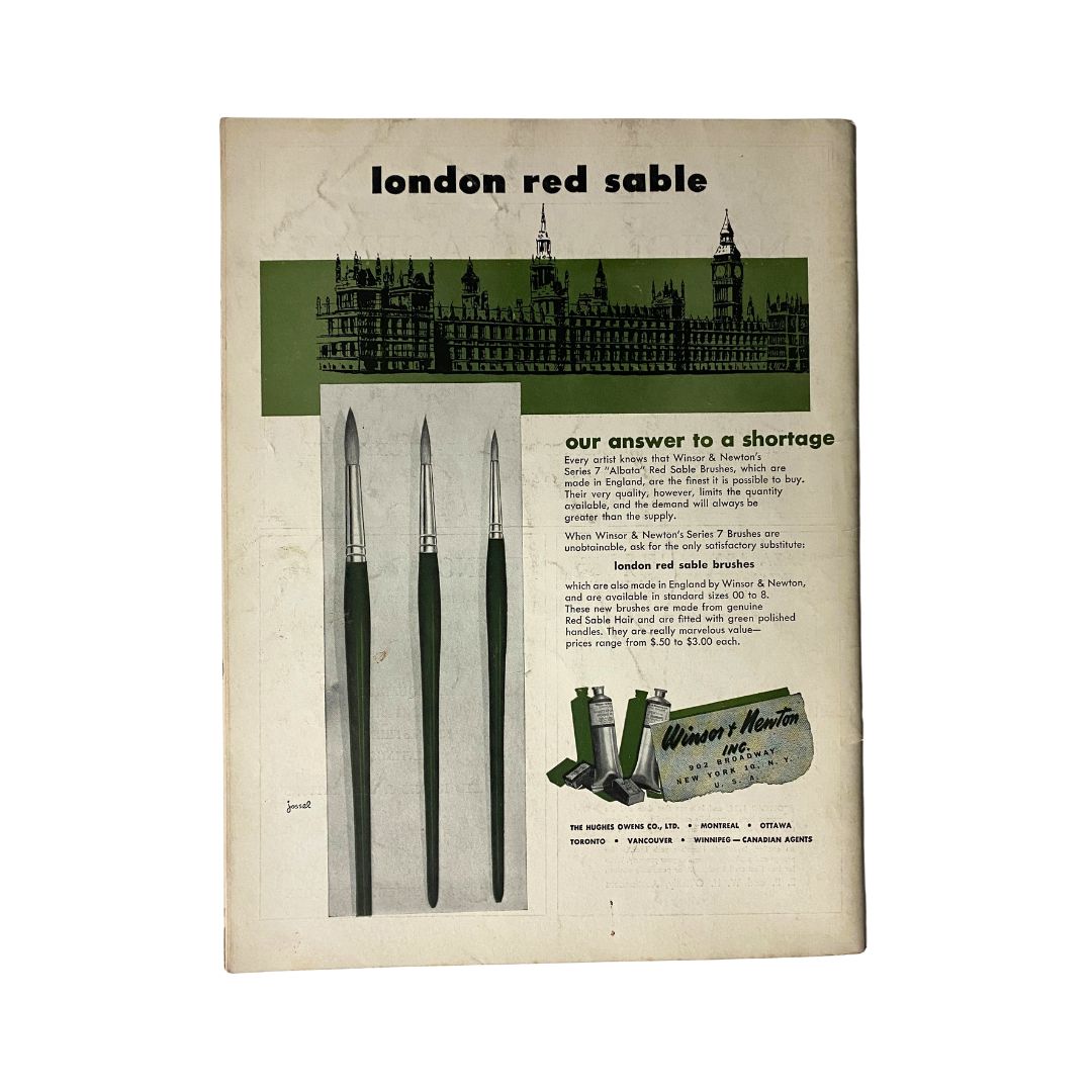 Art News Magazine March 1951, back cover advertisement for London Red Sable brushes, emphasizing art supplies relevant to the historical context of the magazine.