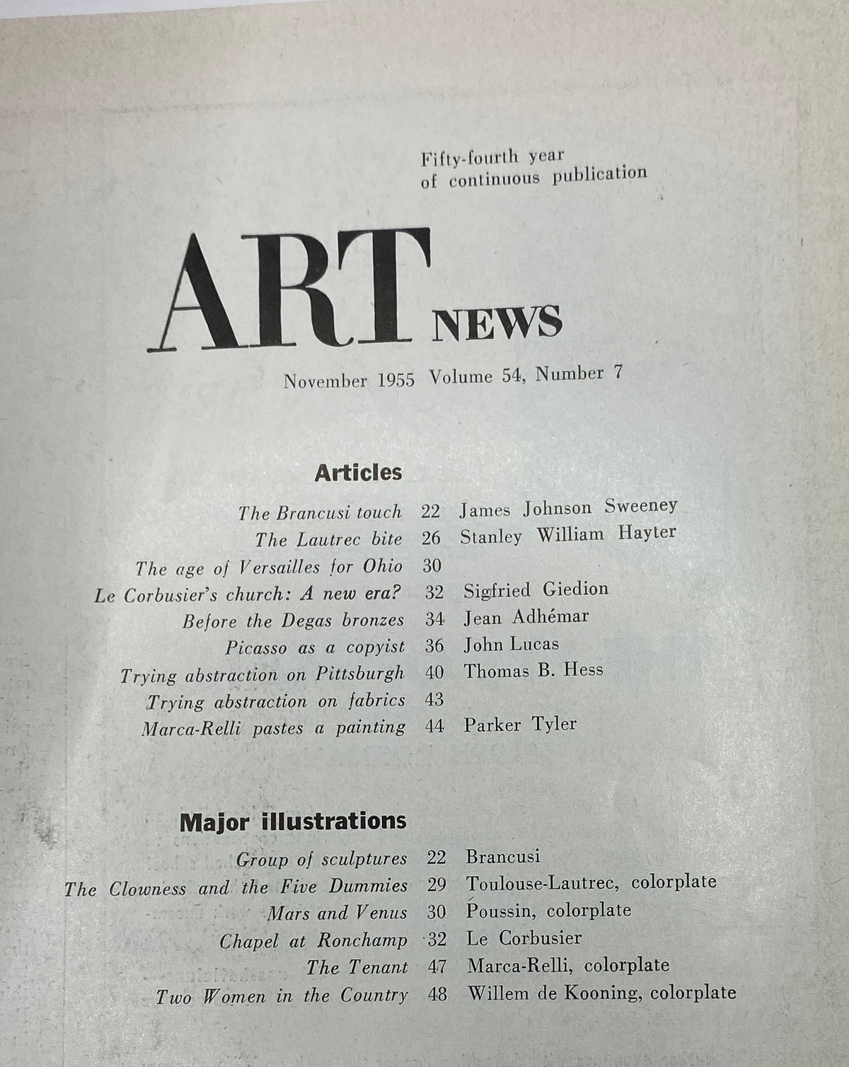 Contents page of Art News Magazine, November 1955, listing influential articles and illustrations, highlighting key discussions on modern art.