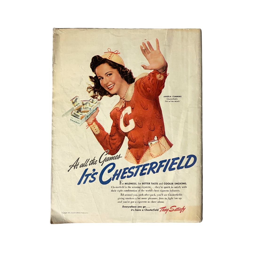 Back cover of Look Magazine from October 7, 1941, showcasing an advertisement for Chesterfield cigarettes with a smiling woman in a 'C' themed outfit, promoting the product in a fun and engaging manner.