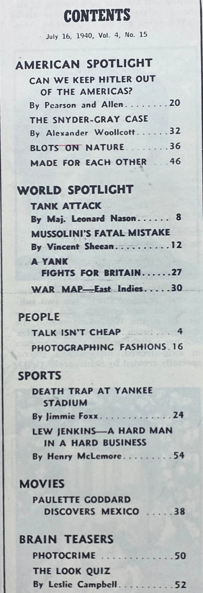 Table of contents from Look Magazine July 16, 1940, Vol 4 No. 15, detailing articles like "Can We Keep Hitler Out of the Americas?" and "A Yank Fights for Britain."