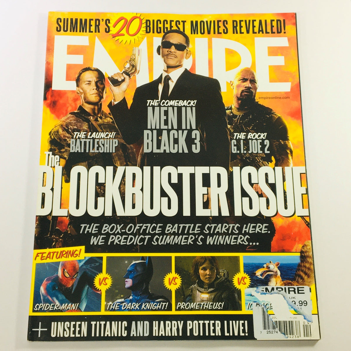 Empire Magazine April 2012 cover featuring the theme 'The Blockbuster Issue' with highlights on major films including 'Battleship,' 'Men in Black 3,' and 'G.I. Joe 2.'