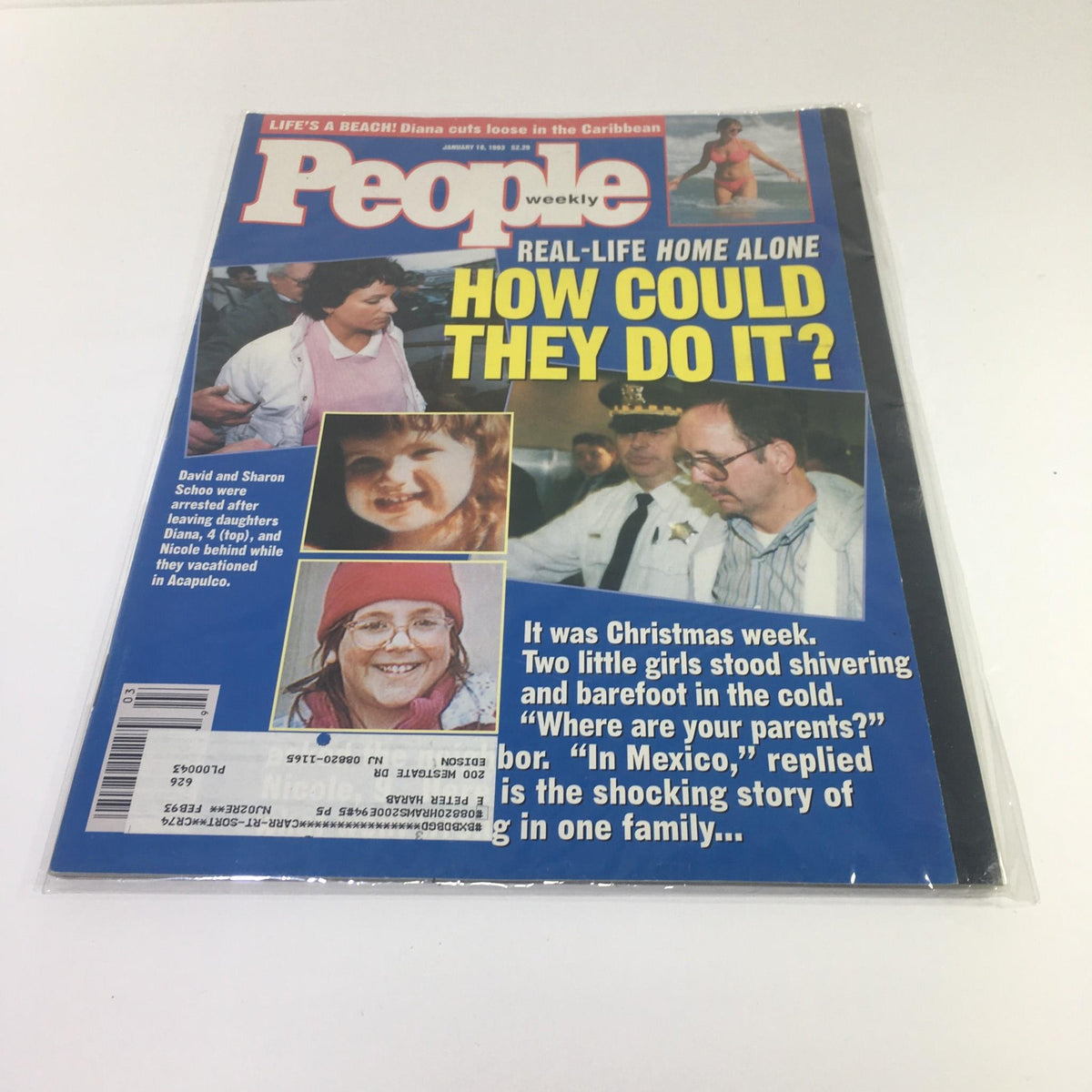 Cover of People Magazine from January 18, 1993, featuring Princess Diana in the Caribbean and an article titled 'Real-Life Home Alone'. The magazine highlights a captivating image of Princess Diana and other notable stories.