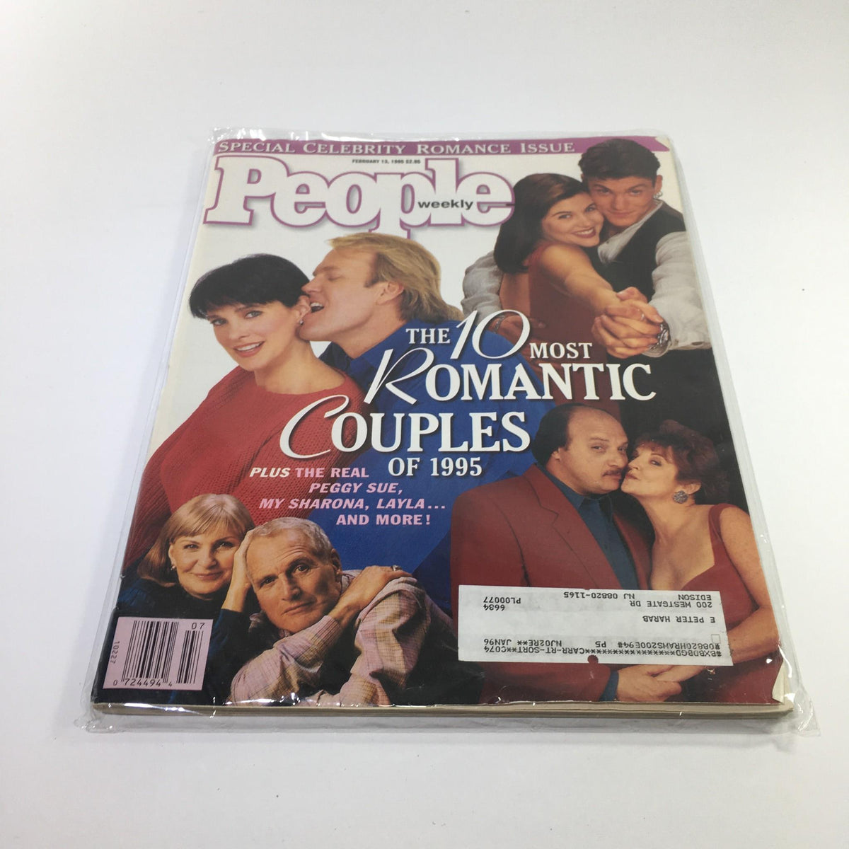 Cover of People Magazine, February 13, 1995, featuring 'The 10 Most Romantic Couples of 1995'. The issue highlights iconic celebrity couples, showcasing vibrant images and nostalgic design.