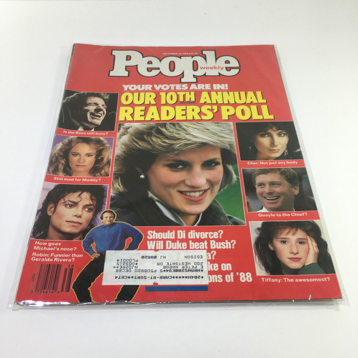 Cover of People Magazine from September 19, 1988 featuring the 10th Annual Reader's Poll, showcasing celebrities like Princess Diana, Michael Jackson, and Cher. This vintage magazine highlights pop culture trends and important issues of the late 1980s.