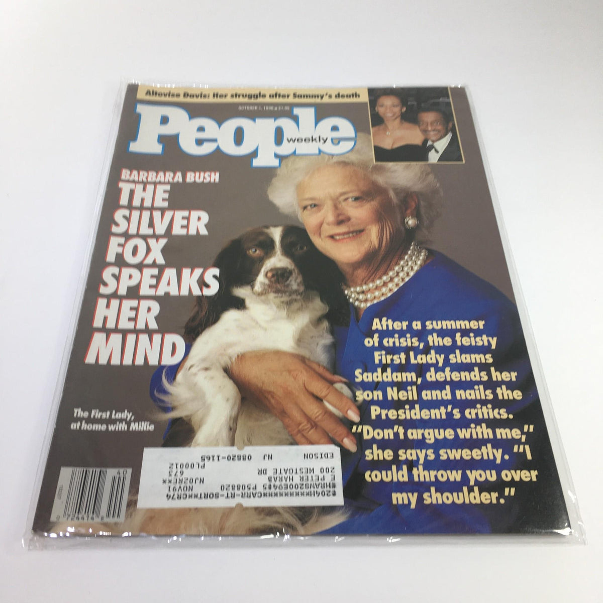 Cover of People Magazine from October 1, 1990, featuring Barbara Bush with her dog, titled 'The Silver Fox Speaks Her Mind'. The magazine showcases the former First Lady's candid thoughts and includes a snapshot of early 1990s culture.
