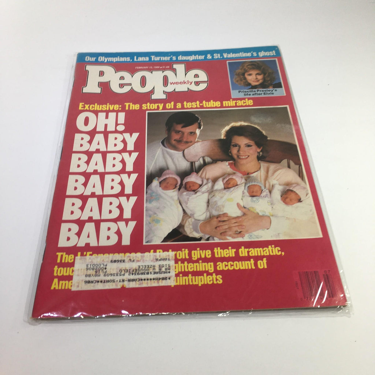 Cover of People Magazine dated February 15, 1988, featuring the headline 'OH! BABY' and a story about a test-tube miracle, showcasing a family with quintuplets, highlighting reproductive technology advancements.