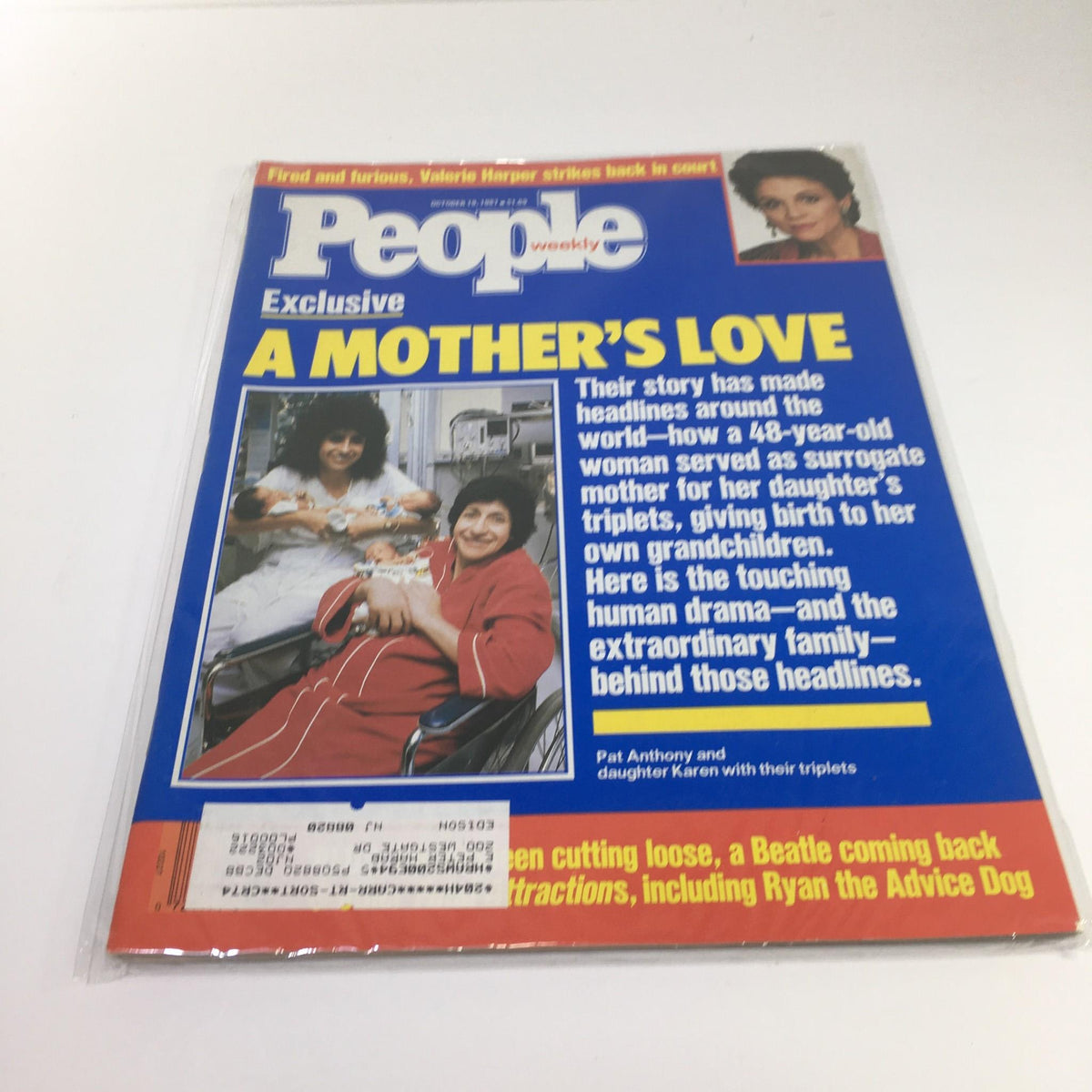 Vintage People Magazine October 19 1987 featuring Pat Anthony and her daughter Karen, highlighting the heartwarming story of surrogacy and triplets on the cover, showcasing a touching family moment.