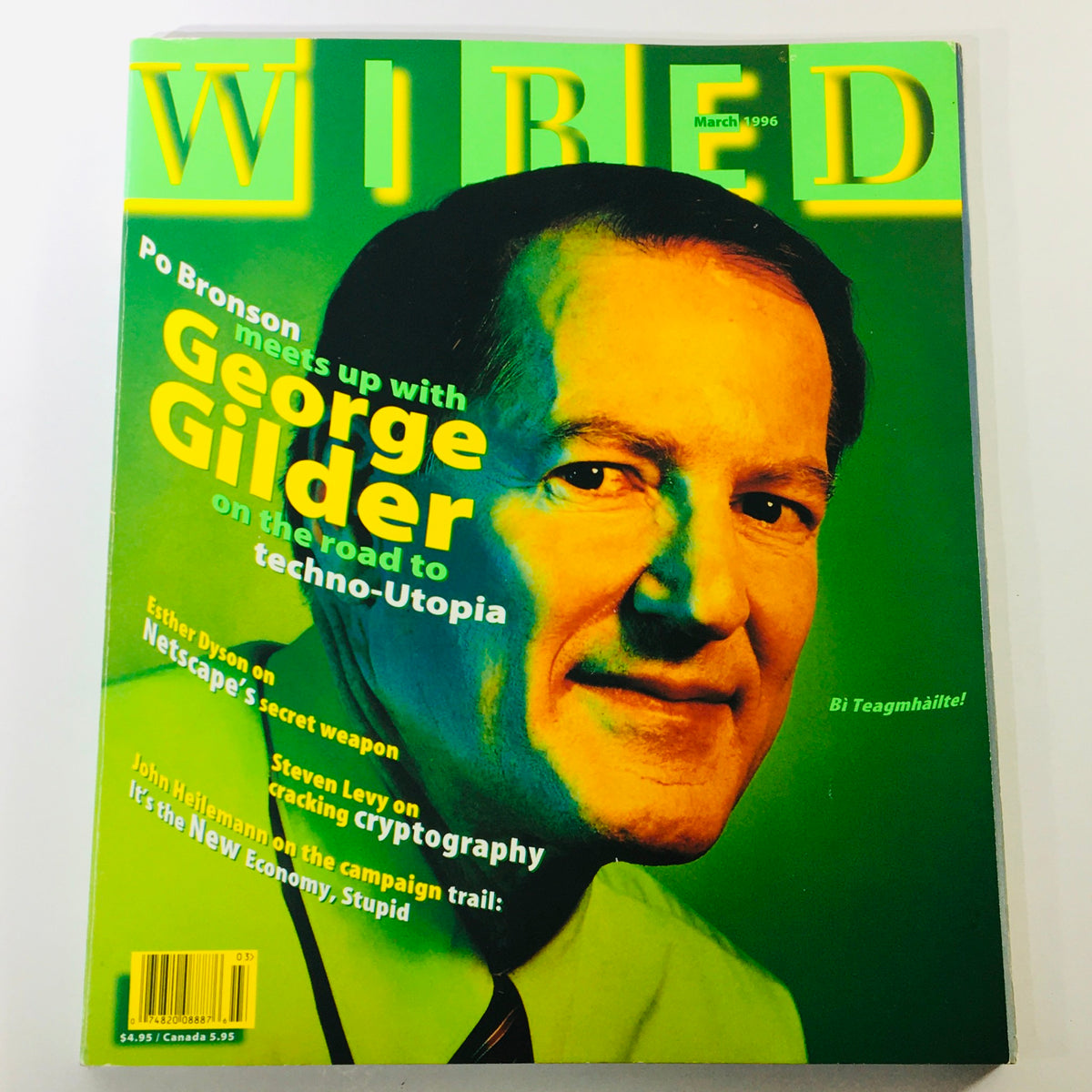 Cover of Wired Magazine March 1996 Vol 4 #3 featuring Po Bronson and George Gilder, highlighting a meeting on the journey to techno-Utopia, accompanied by articles on technology and culture.