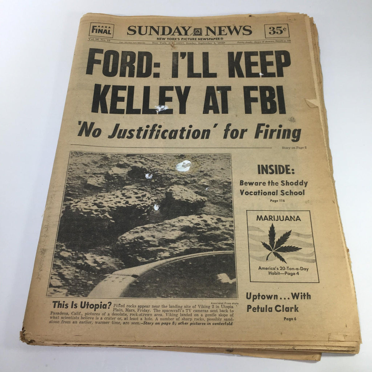 NY Daily News headline from 9/5/1976 stating 'Ford: I'll Keep Kelley At FBI, No Justification For Firing'. The image features the newspaper front page with vintage design.