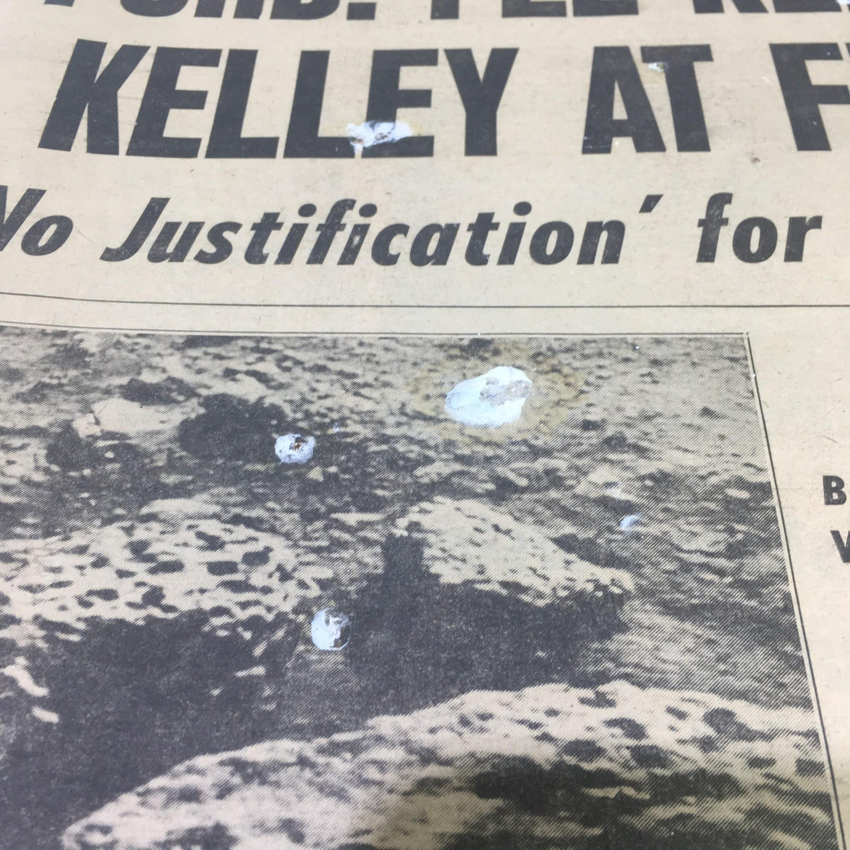Close-up of NY Daily News front page from 9/5/1976 focusing on the headline 'Ford: I'll Keep Kelley At FBI, No Justification For Firing'. Visible wear and whiteout marks are present.