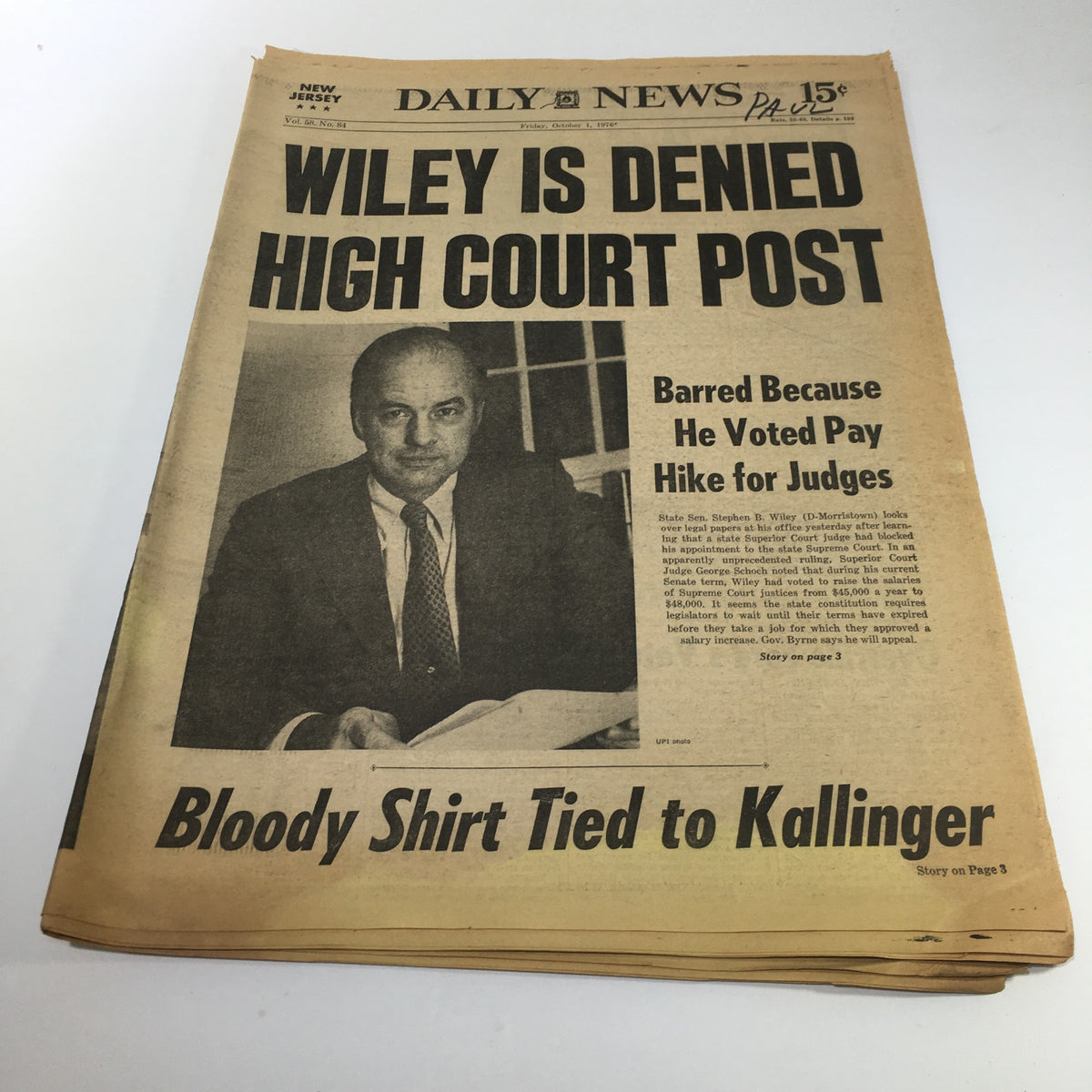 NY Daily News headline from October 1, 1976, featuring Stephen Wiley denied high court post, alongside an image of Wiley. Includes the note about being barred because he voted to increase judges' salaries.
