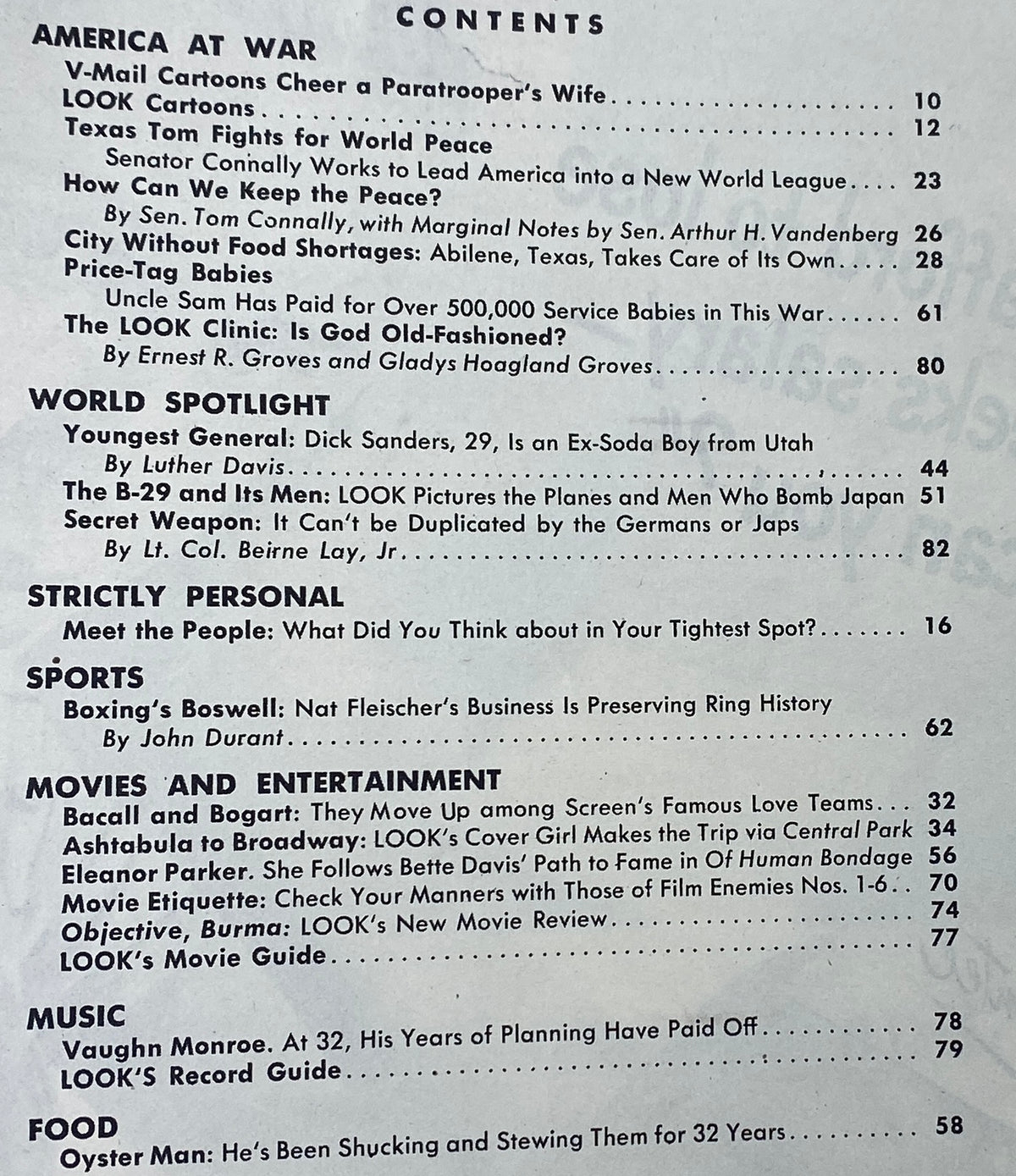 Table of contents from Look Magazine, April 3, 1945, showcasing articles and features including 'V-Mail Cartoons' and 'City Without Food Shortages'.