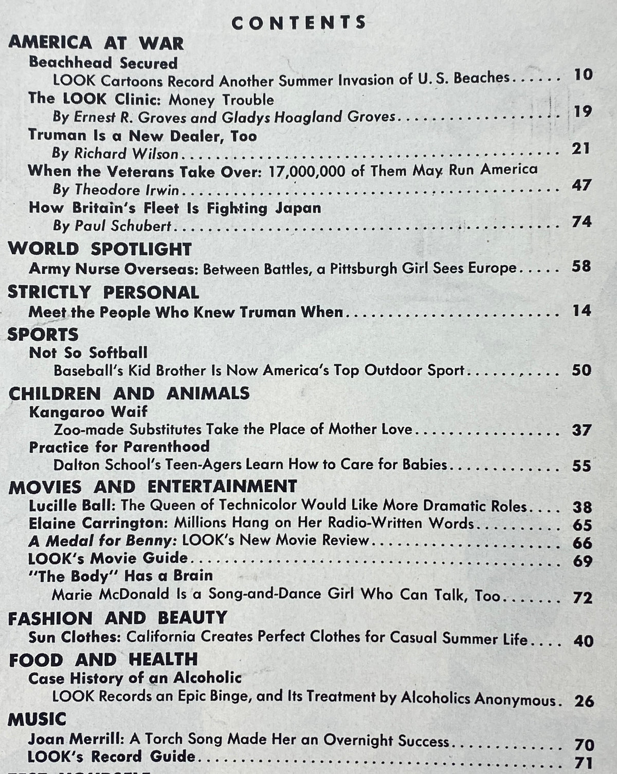 Contents page of VTG Look Magazine June 26, 1945, listing articles including 'America at War', 'Strictly Personal', 'Movies and Entertainment', and 'Food and Health', showcasing cultural topics of the era.