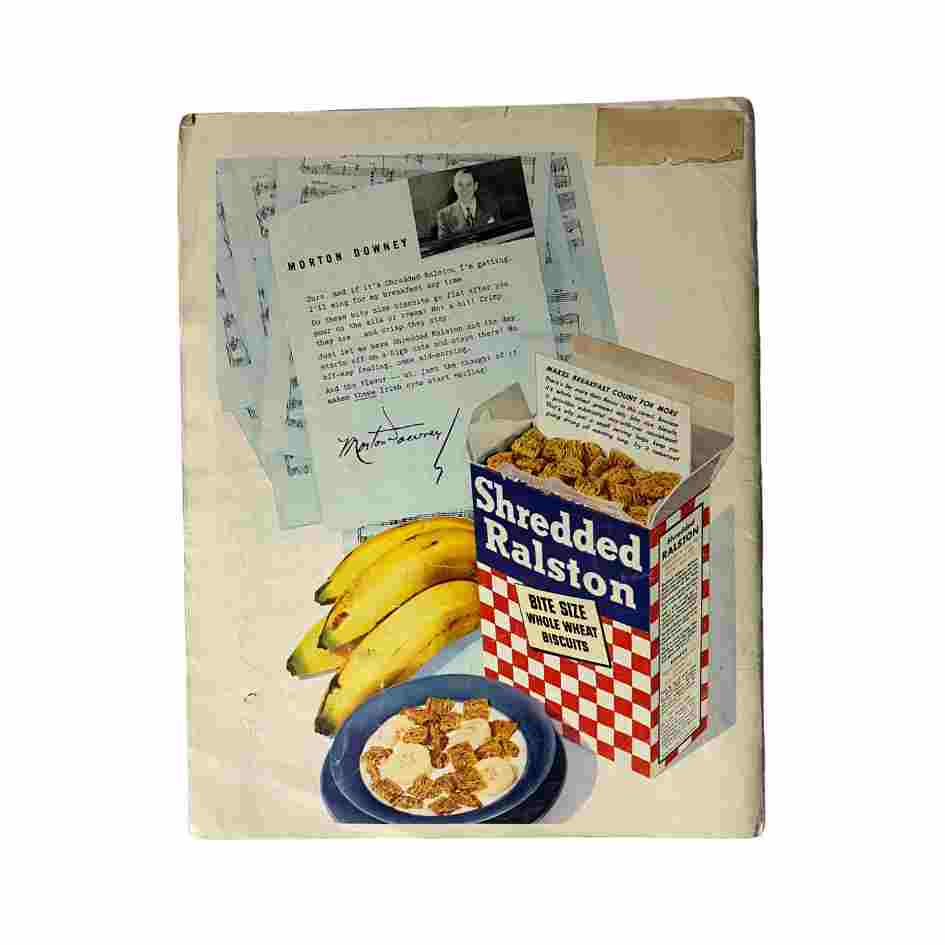 Back cover of VTG Look Magazine June 26, 1945 featuring an advertisement for Shredded Ralston cereal, with bananas and a bowl of cereal, along with a letter by Morton Downey.