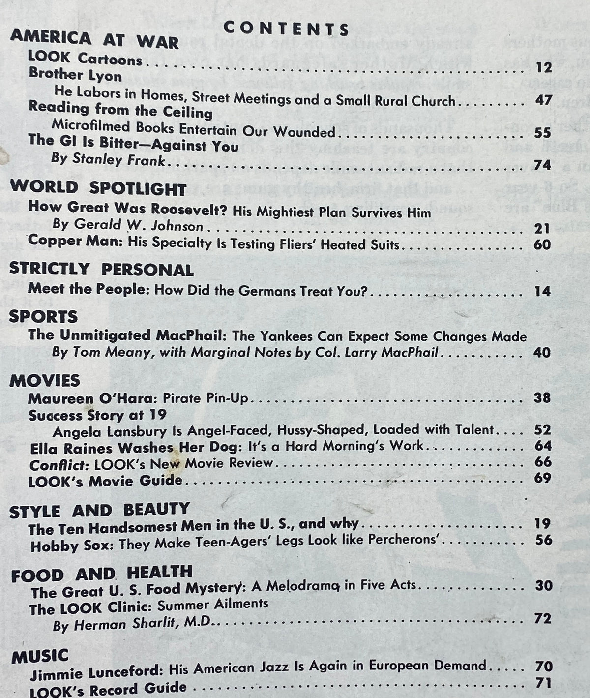 Contents page of the VTG Look Magazine July 10, 1945 detailing articles including 'How Great Was Roosevelt?' by Gerald W. Johnson.