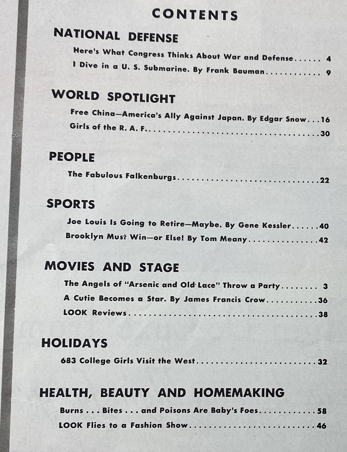 Contents page of Look Magazine June 30, 1941, featuring key articles including 'National Defense', 'World Spotlight', and 'People', highlighting the cultural significance of the era.