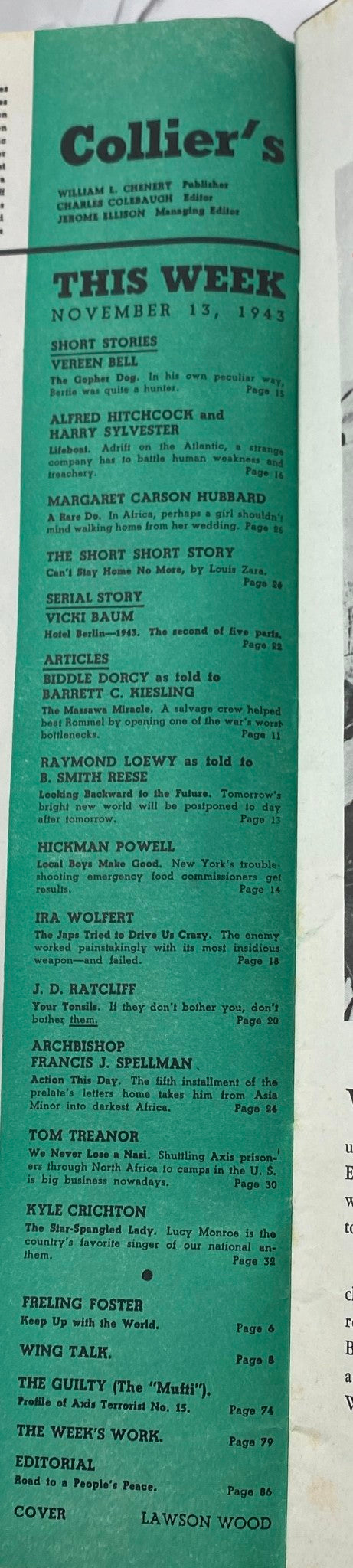 Table of contents page from VTG Collier's Magazine November 13, 1943, detailing featured articles and stories including 'The Japs Tried to Drive Us Crazy' by Ira Wolfert.