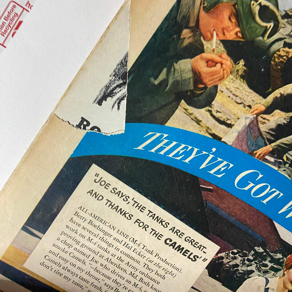 A close-up of an article layout from the VTG Collier's Magazine November 13, 1943, featuring a humorous caption related to tanks and camels, showcasing vintage typography and graphics.