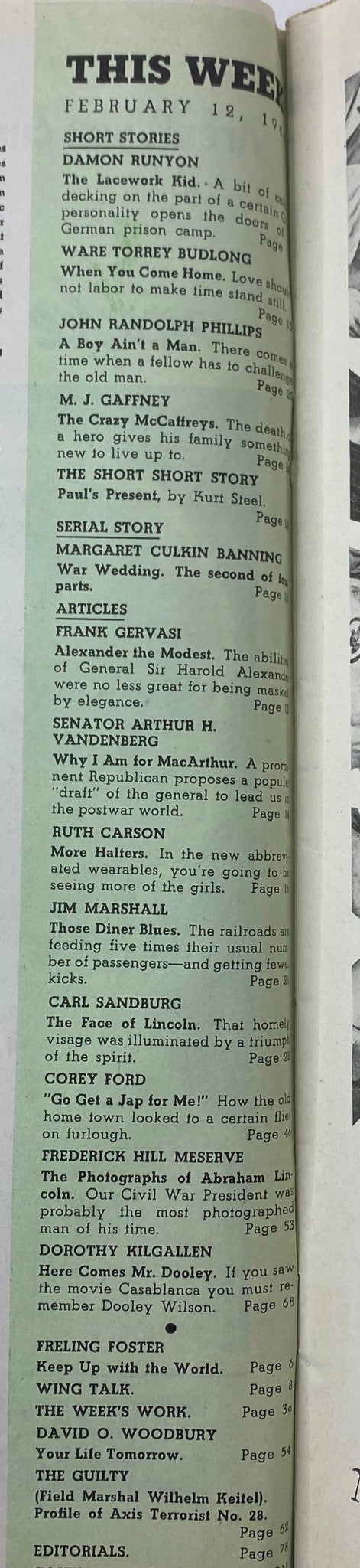 Table of contents for VTG Collier's Magazine February 12, 1944, listing stories and articles, including 'The Lacework Kid' and 'The Face of Lincoln,' showcasing the magazine's features from that era.