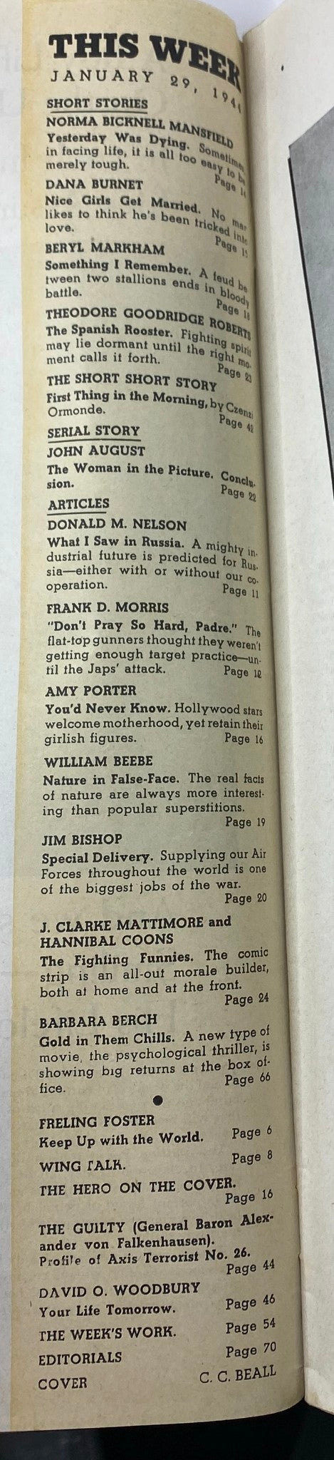 Table of contents from Collier's Magazine, January 29, 1944, listing featured short stories and articles including 'What I Saw in Russia' by Donald Nelson.