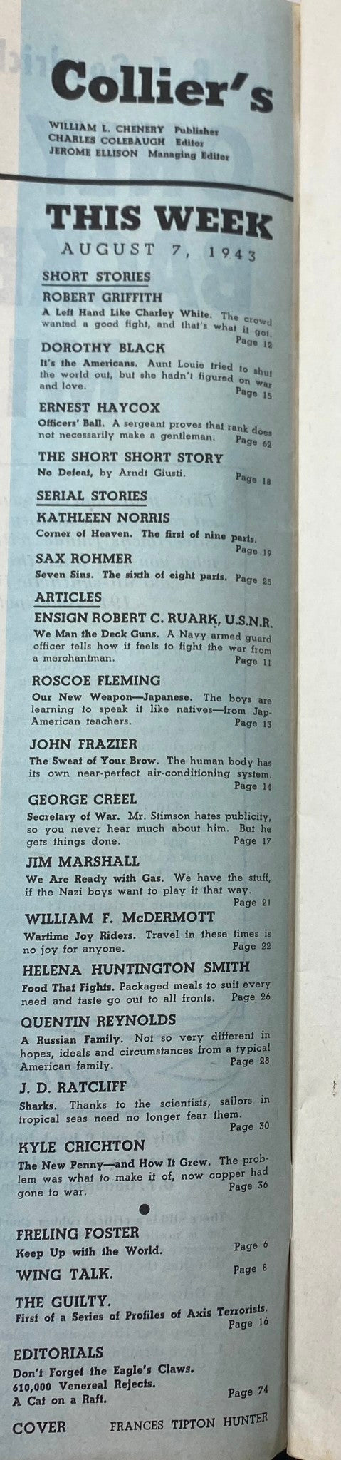 Page from the vintage 'Collier's Magazine' August 7, 1943, showcasing the table of contents featuring notable articles and stories from the era.