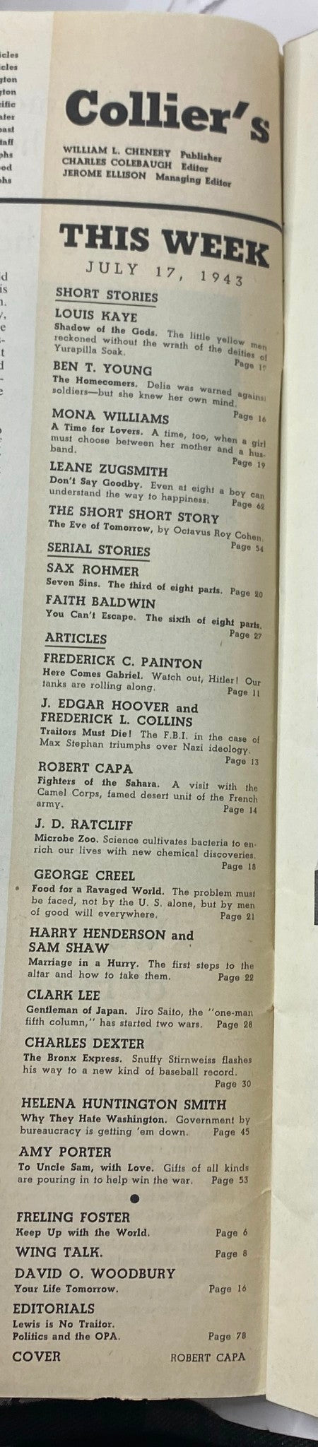 Inside page of VTG Collier's Magazine July 17, 1943 detailing the featured stories, including 'Traitors Must Die!' by J. Edgar Hoover and 'Fighters of the Sahara' by Robert Capa.