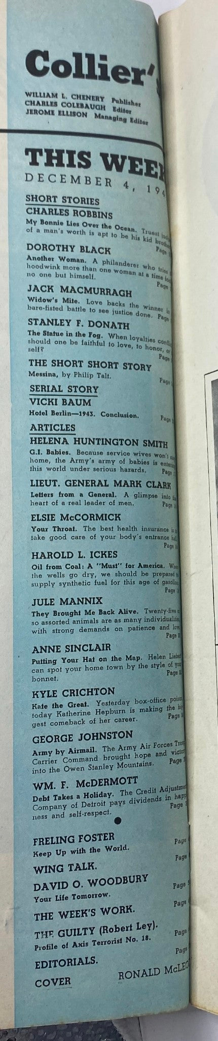 Image from VTG Collier's Magazine December 4, 1943 featuring contents page with short stories, articles, and a serial story by various authors including a section from Lt. General Mark W. Clark.