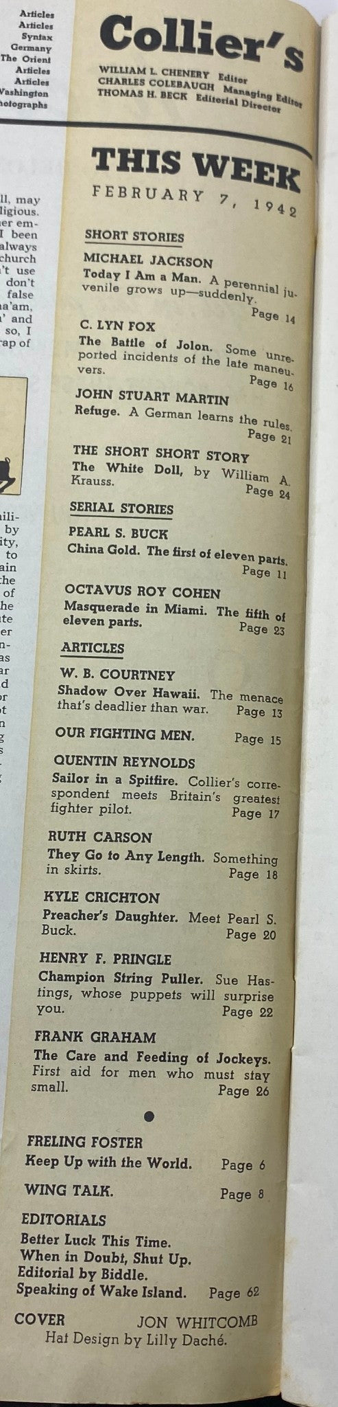 Table of contents for Collier's Magazine dated February 7, 1942, showcasing articles and stories including 'China Gold' by Pearl S. Buck.