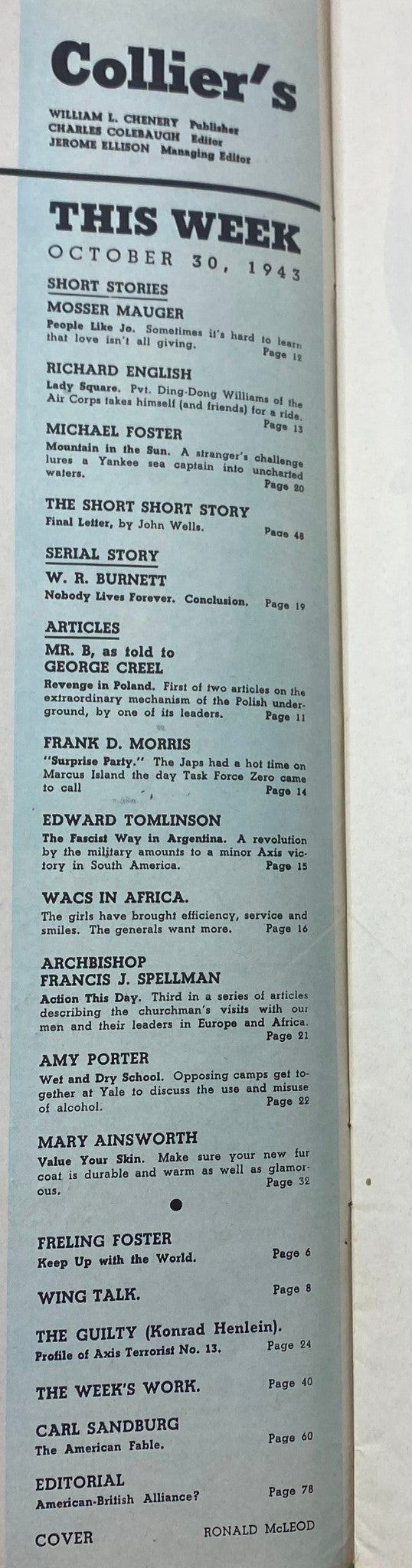 Table of contents from Collier's Magazine, October 30, 1943. It lists featured articles and short stories, including 'Revenge in Poland', providing a glimpse into the magazine's content and structure.