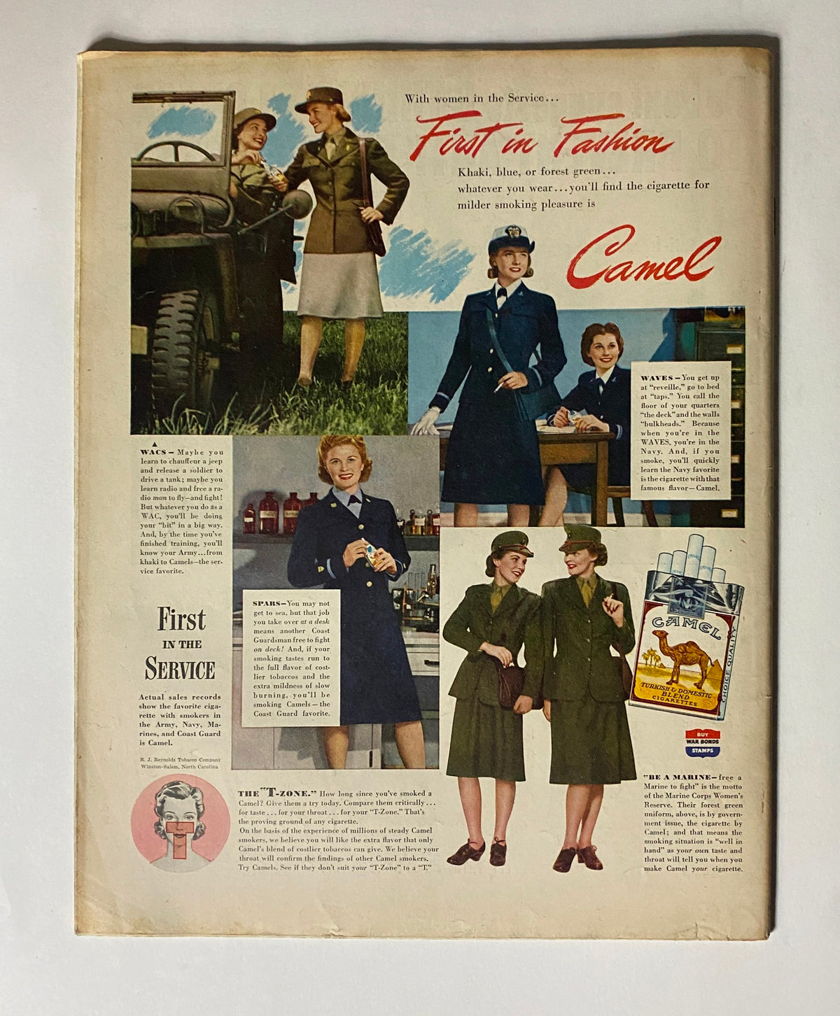 Vintage advertisement from Collier's Magazine - October 30, 1943, featuring women in military service promoting Camel cigarettes. The ad highlights wartime fashion and lifestyle, showcasing women in various uniforms.