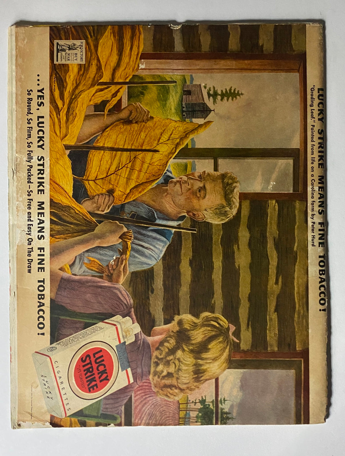 Back cover of VTG Collier's Magazine dated October 23, 1943 illustrating a Lucky Strike tobacco advertisement with two individuals at work.