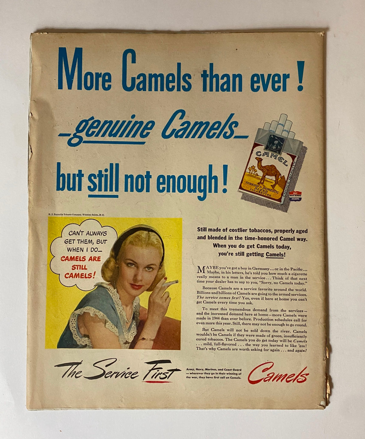 Back advertisement page of Collier's Magazine July 21, 1945 promoting genuine Camels cigarettes with a vintage design and a female model.