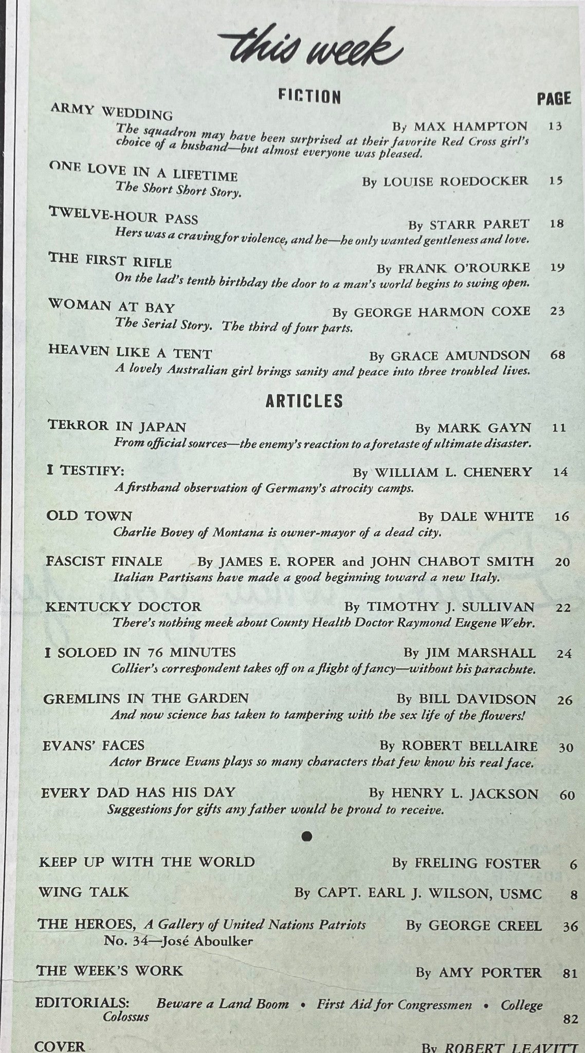 This Week Table of Contents from VTG Collier's Magazine June 16, 1945 features the article 'Terror in Japan' by Mark Gayn among other short stories and features.