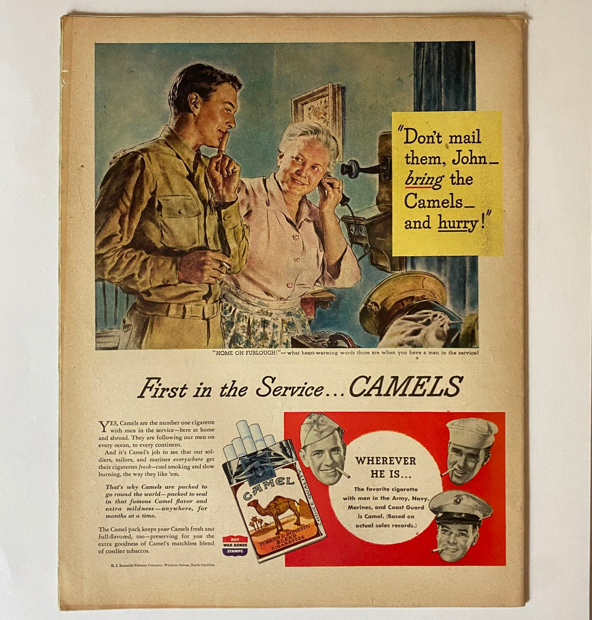 Back cover advertisement of VTG Collier's Magazine February 5, 1944, promoting Camel cigarettes with a soldier on furlough and a message about bringing Camels, illustrating wartime advertising.