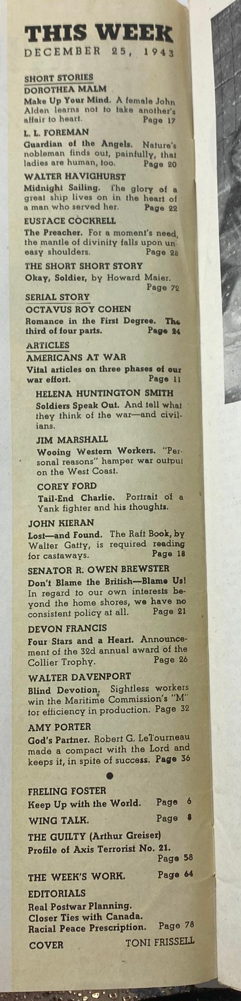 Table of contents from VTG Collier's Magazine December 25, 1943, listing articles and stories, highlighting the cover by Toni Frissell.