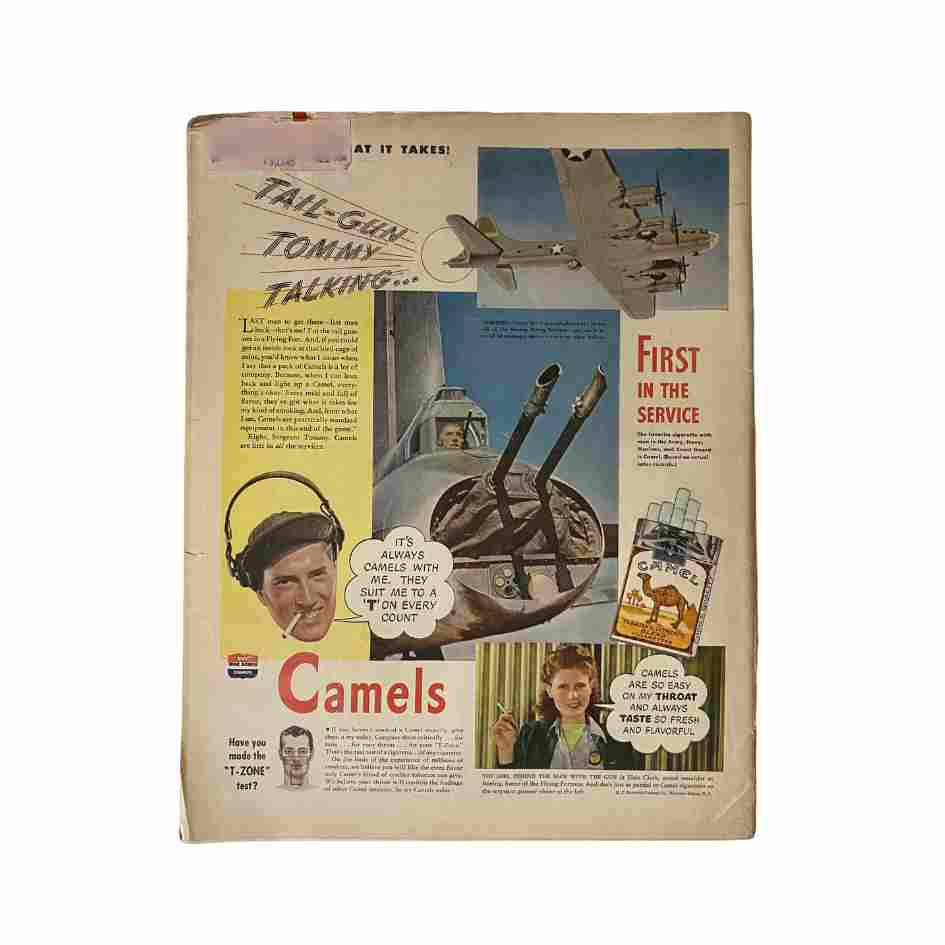 Back cover of VTG Collier's Magazine December 25, 1943 showing an advertisement with military aviation and a focus on Camel cigarettes.