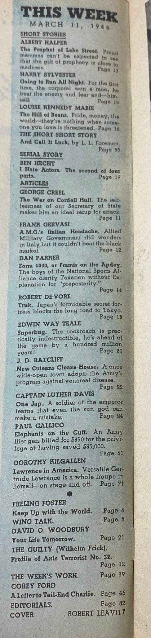 Table of contents for VTG Collier's Magazine March 11, 1944, listing short stories and articles including titles such as 'The Prophet of Lake Street' by Albert Halper and 'Going to Run All Night' by Harry Sylvester.