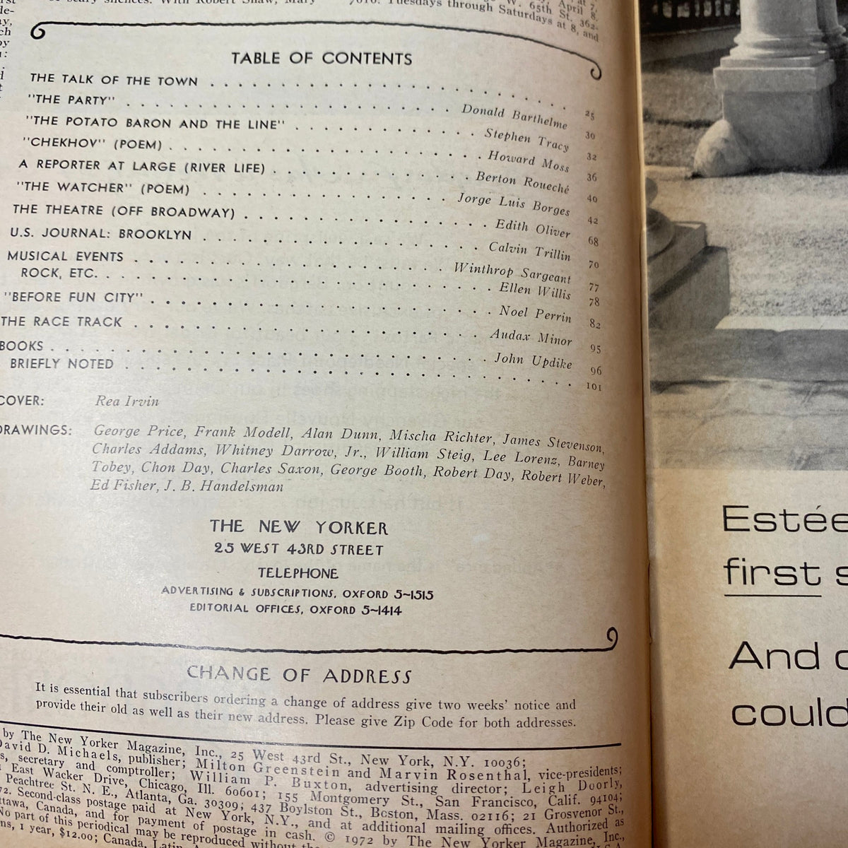 Table of contents page from The New Yorker Full Magazine February 26, 1972, listing various articles and contributors including Donald Barthelme, Jorge Luis Borges, and John Updike.