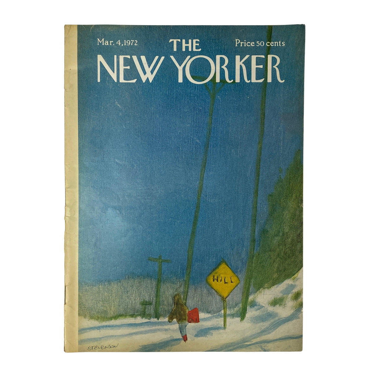 The New Yorker Full Magazine March 4, 1972 cover featuring a snowy landscape with a person walking towards a sign. This vintage magazine, in very good condition, showcases a cover illustration by James Stevenson.
