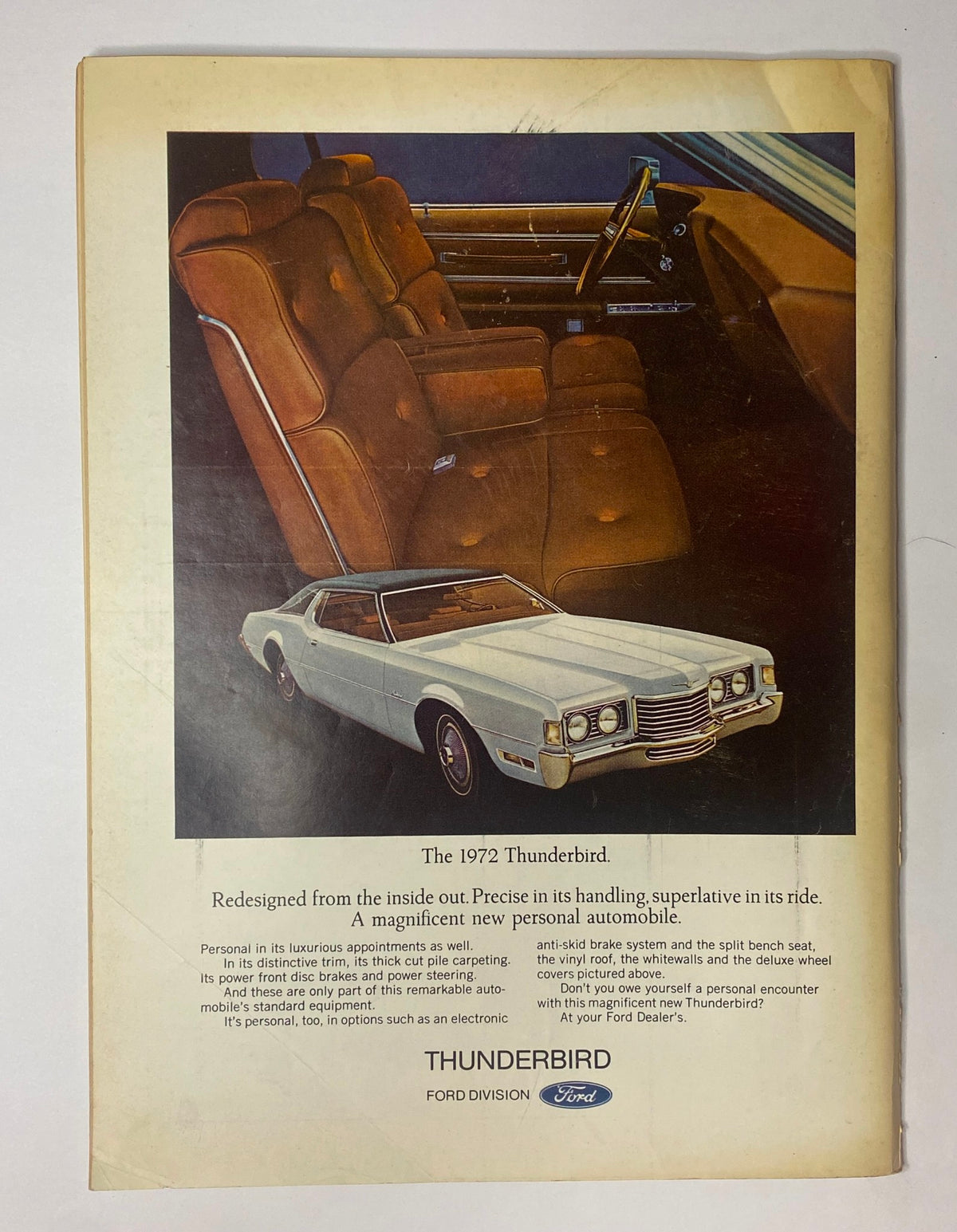 Advertisement for the 1972 Thunderbird featuring elegant interior design and a sleek exterior, showcasing the comfort and luxury of the car. The image is included in The New Yorker Full Magazine March 4, 1972, with a cover by James Stevenson.