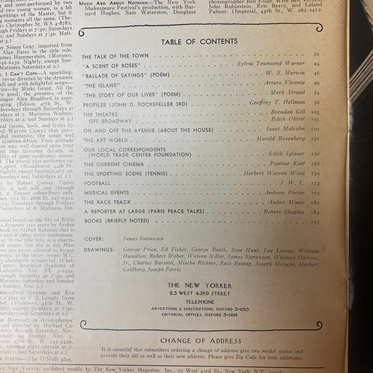 Table of contents page from The New Yorker, November 4, 1972, listing featured articles, poems, and profiles including contributions from notable writers.