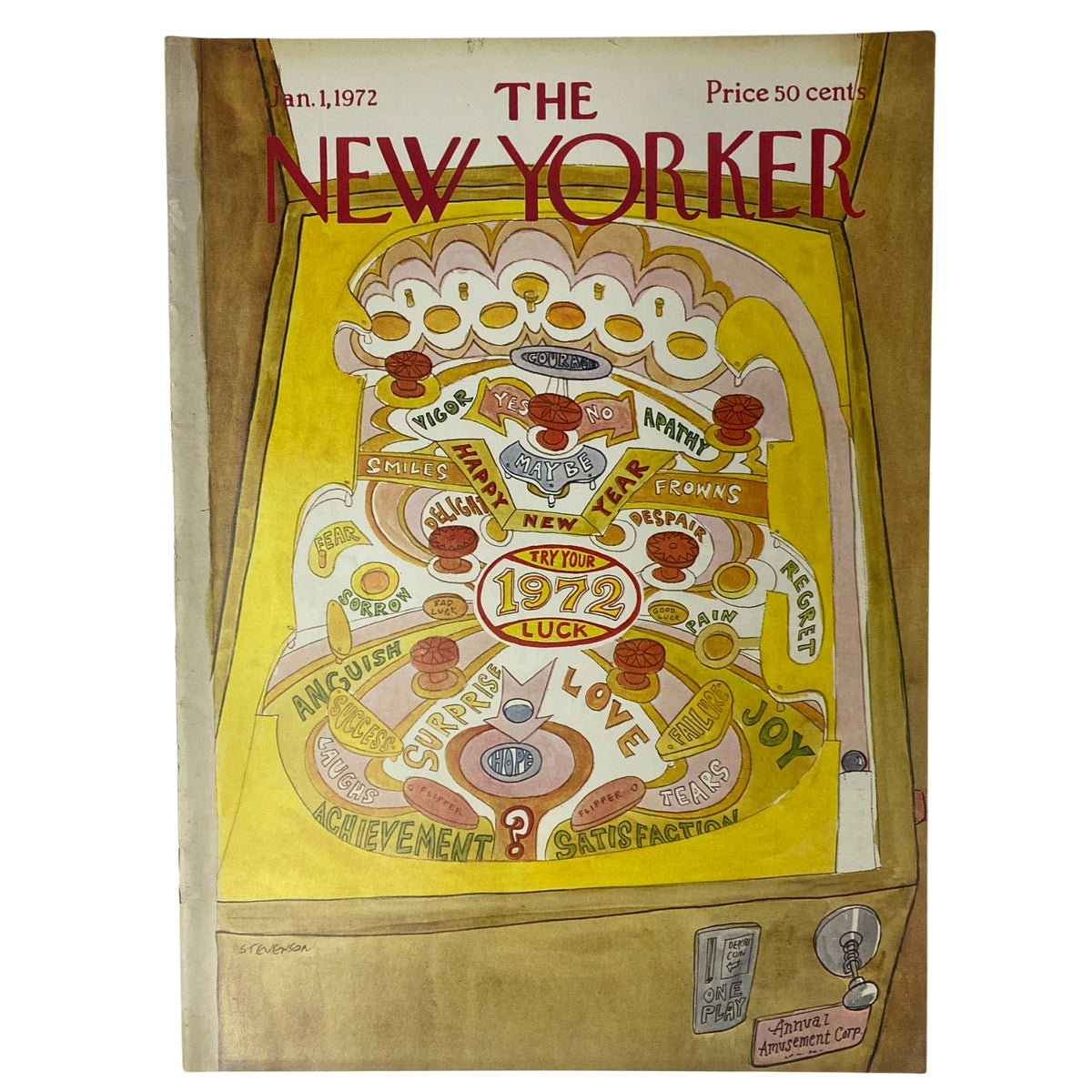 Cover of The New Yorker magazine, January 1, 1972, featuring artwork by James Stevenson, depicting various whimsical illustrations and themes related to luck and New Year's reflection, available for sale in very good condition.