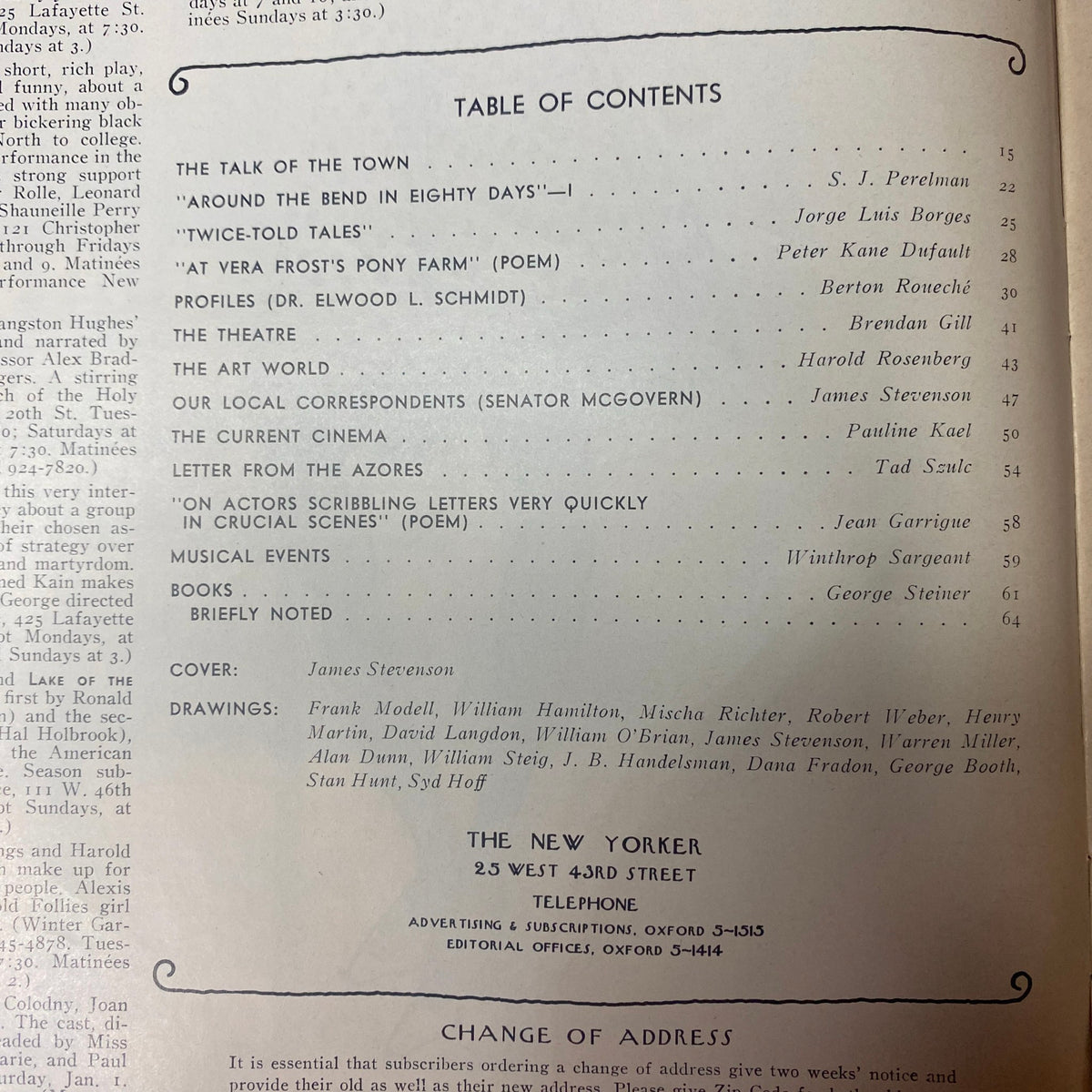Table of Contents from The New Yorker Full Magazine January 1, 1972 featuring articles by S. J. Perelman, Jorge Luis Borges, and more.