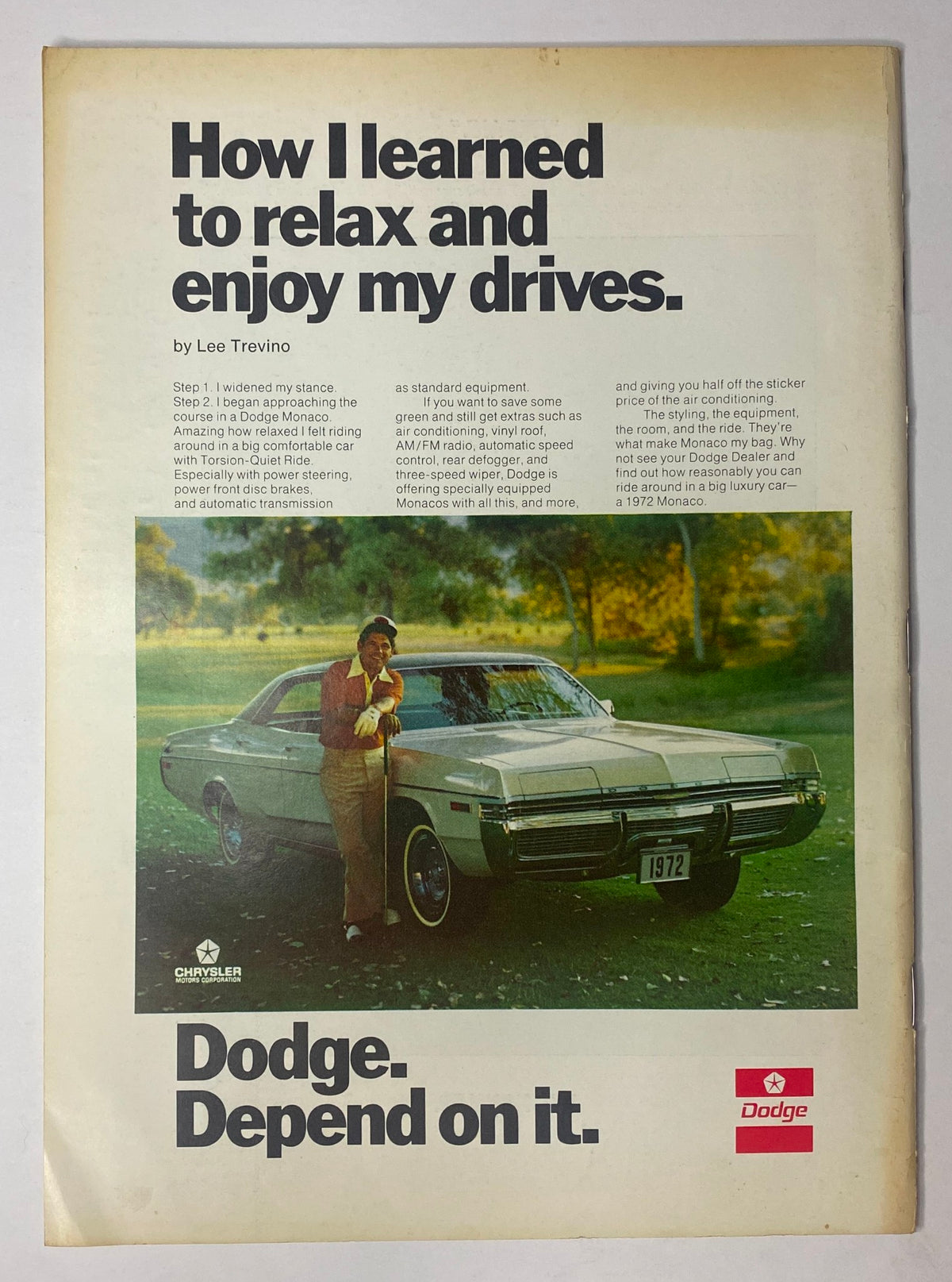 1972 advertisement for Dodge featuring Lee Trevino with a Dodge Monaco, promoting luxury cars and comfort in driving.