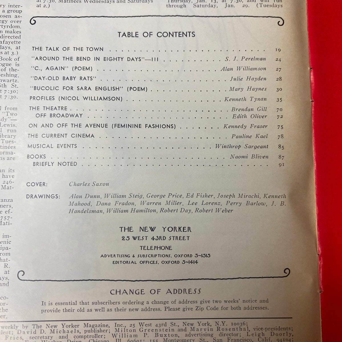 The New Yorker Full Magazine January 15, 1972 Table of Contents page detailing featured articles, including S. J. Perelman and Pauline Kael.