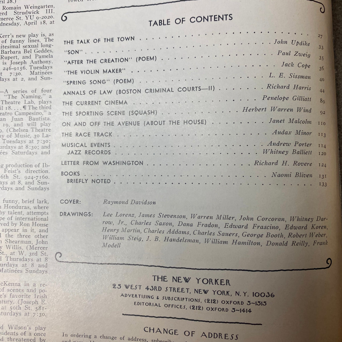 Table of Contents from The New Yorker Full Magazine April 21, 1973 featuring articles by John Updike and others, in very good condition.