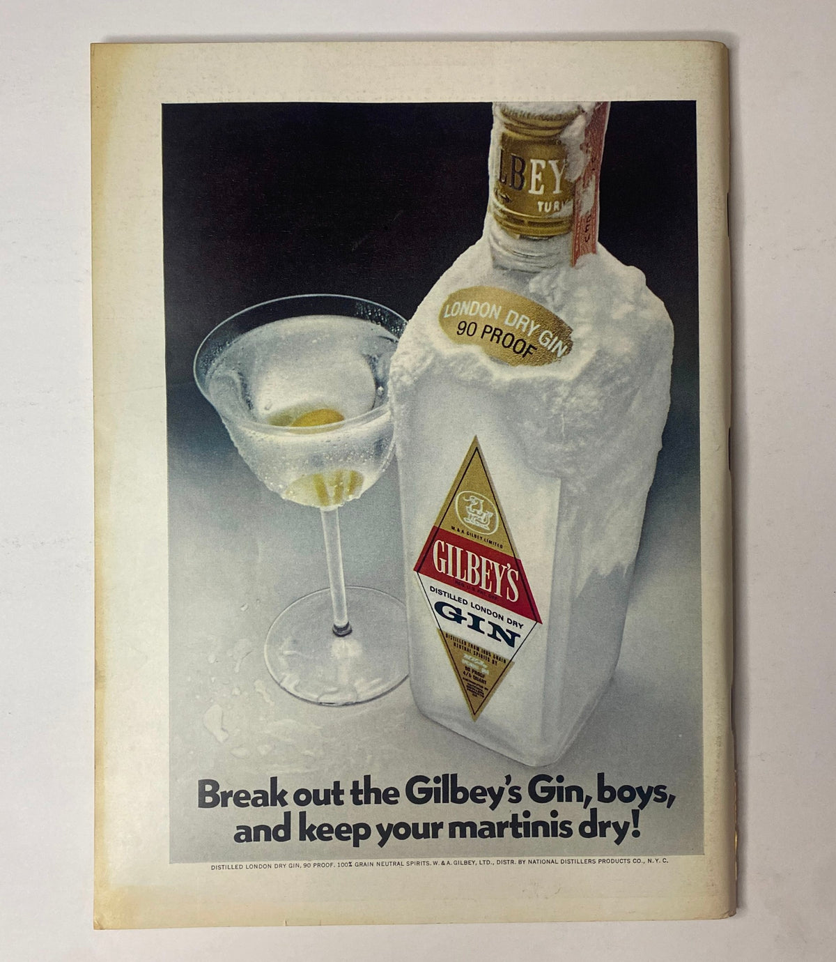 Back cover advertisement of Gilbey's Gin from The New Yorker Full Magazine November 6, 1971, promoting the drink with a stylish visual of a martini.