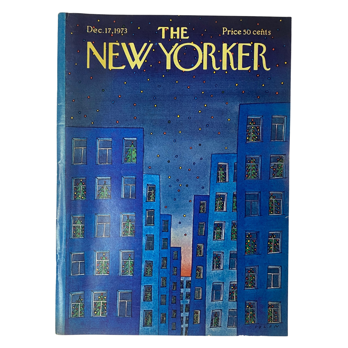 Cover of The New Yorker magazine dated December 17, 1973, featuring a colorful illustration by Jean-Michel Folon depicting buildings under a starry night sky.